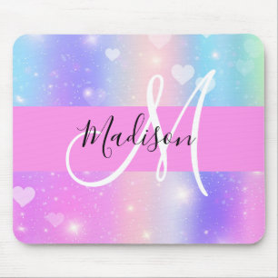 Girly Colorful Unicorn Rainbow Hearts Monogram Mousepad