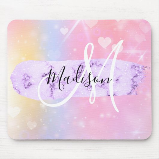 Girly Colorful Unicorn Rainbow Hearts Monogram Mousepad (Vorne)