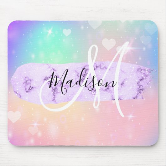 Girly Colorful Unicorn Rainbow Hearts Monogram Mousepad (Vorne)