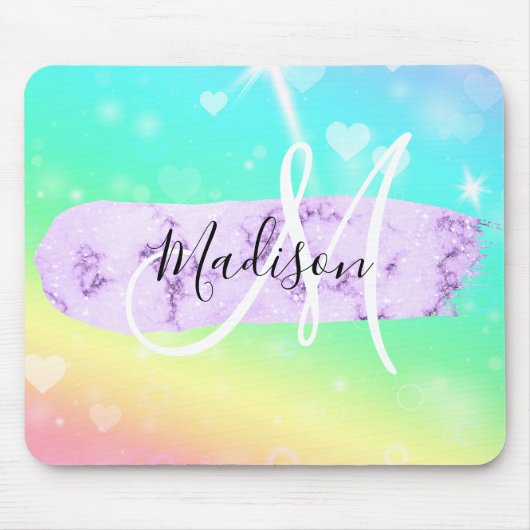 Girly Colorful Unicorn Rainbow Hearts Monogram Mousepad (Vorne)