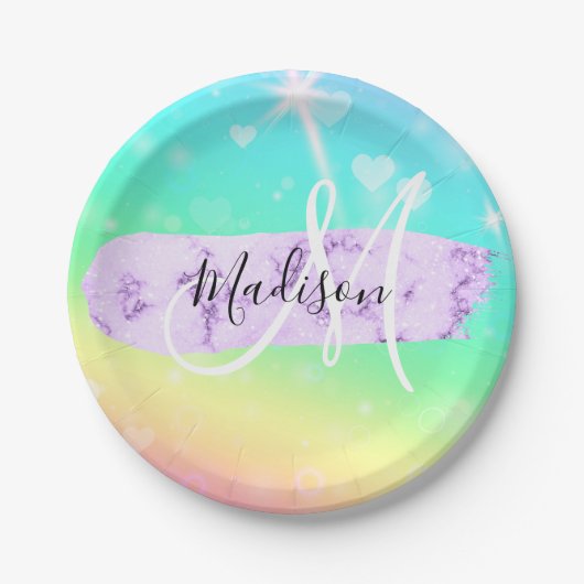 Girly Colorful Unicorn Rainbow Hearts Monogram Pappteller (Vorderseite)