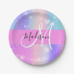 Girly Colorful Unicorn Rainbow Hearts Monogram Pappteller