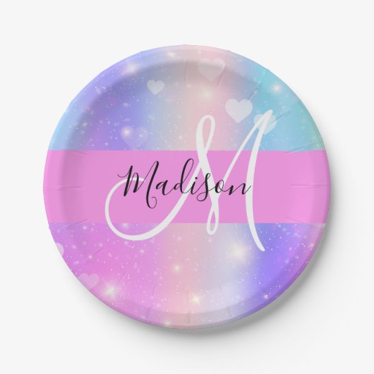 Girly Colorful Unicorn Rainbow Hearts Monogram Pappteller (Vorderseite)