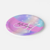 Girly Colorful Unicorn Rainbow Hearts Monogram Pappteller (Schrägansicht)