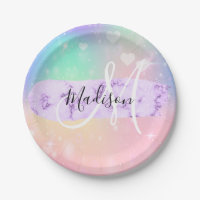 Girly Colorful Unicorn Rainbow Hearts Monogram