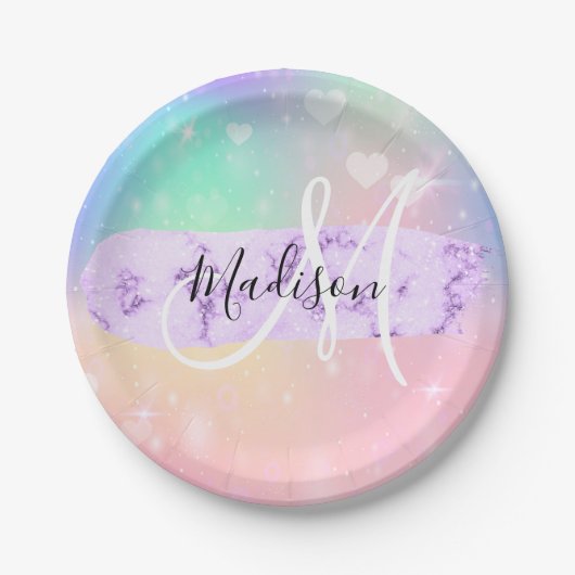 Girly Colorful Unicorn Rainbow Hearts Monogram Pappteller (Vorderseite)
