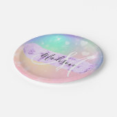 Girly Colorful Unicorn Rainbow Hearts Monogram Pappteller (Schrägansicht)