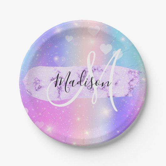 Girly Colorful Unicorn Rainbow Hearts Monogram Pappteller (Vorderseite)
