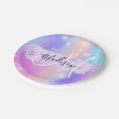 Girly Colorful Unicorn Rainbow Hearts Monogram Pappteller (Schrägansicht)