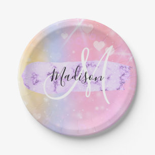 Girly Colorful Unicorn Rainbow Hearts Monogram Pappteller