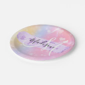 Girly Colorful Unicorn Rainbow Hearts Monogram Pappteller (Schrägansicht)