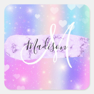 Girly Colorful Unicorn Rainbow Hearts Monogram Quadratischer Aufkleber