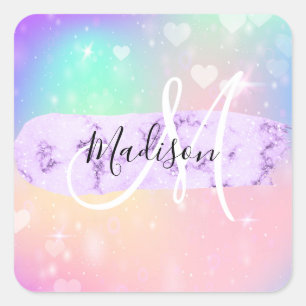 Girly Colorful Unicorn Rainbow Hearts Monogram Quadratischer Aufkleber
