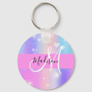 Girly Colorful Unicorn Rainbow Hearts Monogram Schlüsselanhänger
