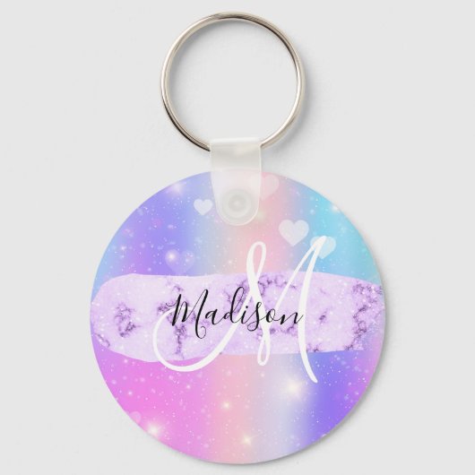 Girly Colorful Unicorn Rainbow Hearts Monogram Schlüsselanhänger (Vorderseite)