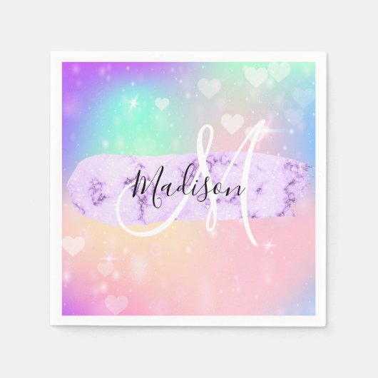 Girly Colorful Unicorn Rainbow Hearts Monogram Serviette (Vorderseite)