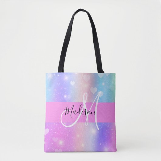 Girly Colorful Unicorn Rainbow Hearts Monogram Tasche (Vorderseite)