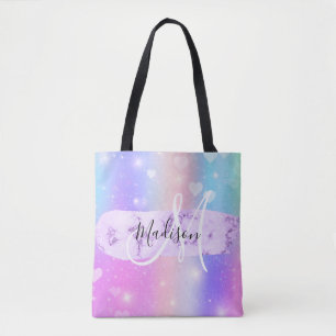 Girly Colorful Unicorn Rainbow Hearts Monogram Tasche