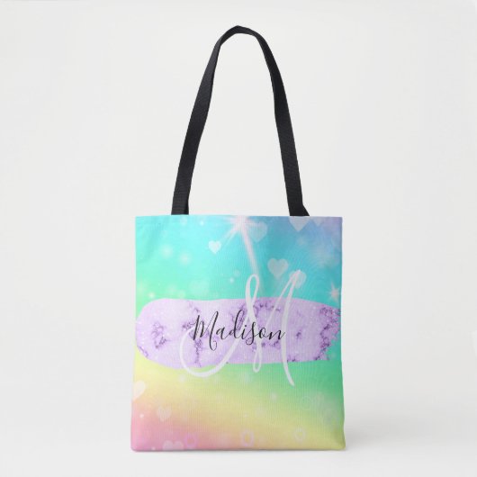 Girly Colorful Unicorn Rainbow Hearts Monogram Tasche (Vorderseite)