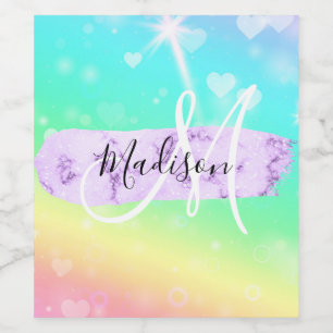 Girly Colorful Unicorn Rainbow Hearts Monogram Weinetikett