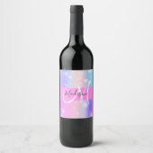 Girly Colorful Unicorn Rainbow Hearts Monogram Weinetikett (Vorderseite)