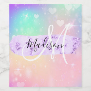 Girly Colorful Unicorn Rainbow Hearts Monogram Weinetikett