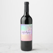 Girly Colorful Unicorn Rainbow Hearts Monogram Weinetikett (Vorderseite)