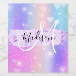 Girly Colorful Unicorn Rainbow Hearts Monogram Weinetikett