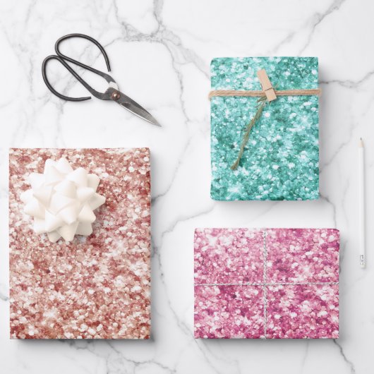 Girly Confetti Glitzer Geschenkpapier Set (Vorderseite)