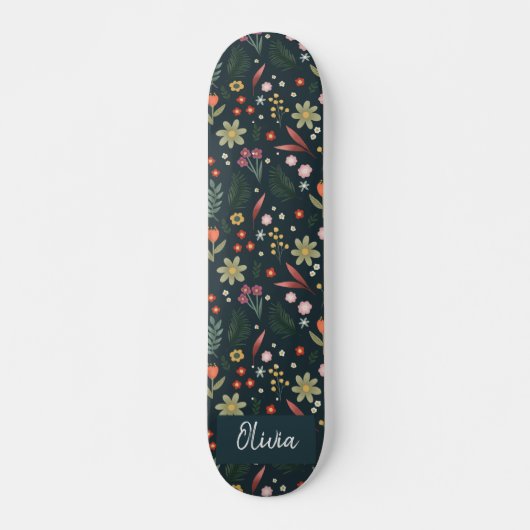 Girly & Cool Modern Navy Blue Botanic Blume Skateboard (Vorne)