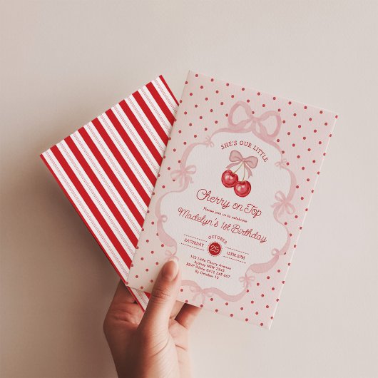 Girly Coquette Cherry First 1st Birthday Party Einladung