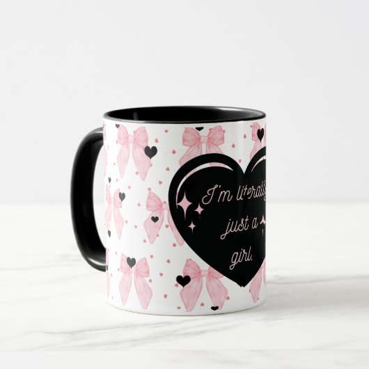 Girly Coquette Pink Black Heart Just a Girl Tasse (Vorderseite Links)