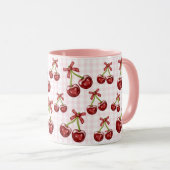 Girly Coquette Pink Gingham Red Cherry Tasse (VorderseiteRechts)