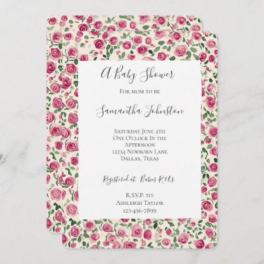 Girly Cream Pink Chic Floral Baby Dusche Einladung (Vorne/Hinten)