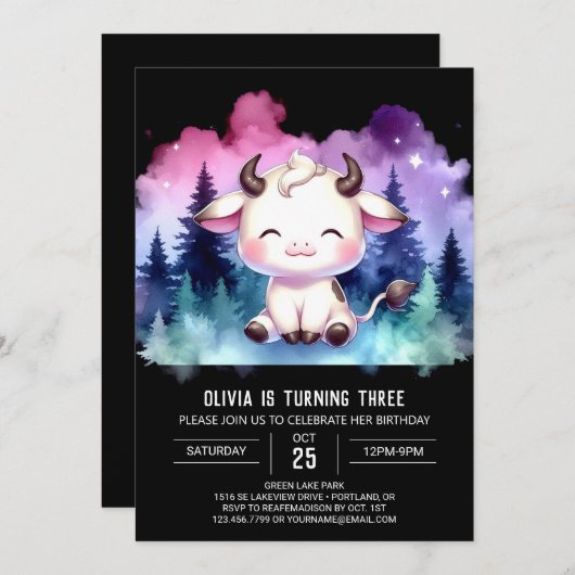 Girly Custom Cow Geburtstag Einladung (Vorne/Hinten)