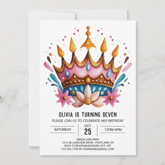 Girly Custom Princess Crown Geburtstag Einladung (Vorderseite)
