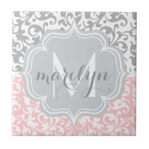 Girly Damask Wirbel Rosa und Grau Mit Monogramm Fliese