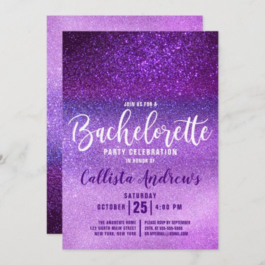 Girly Dark Lila Triple Glitzer Bachelorette Einladung (Vorne/Hinten)