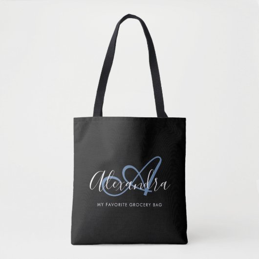 Girly Denim Blue Elegant Script Name Monogram Tasche (Vorderseite)