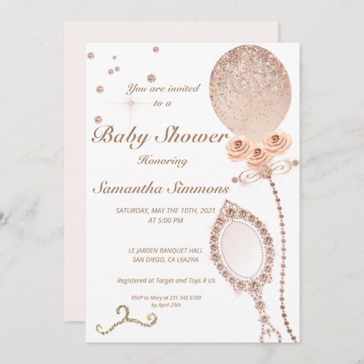 Girly Diamond Rose Gold Glitzer Balloon Baby Showe Einladung (Vorne/Hinten)