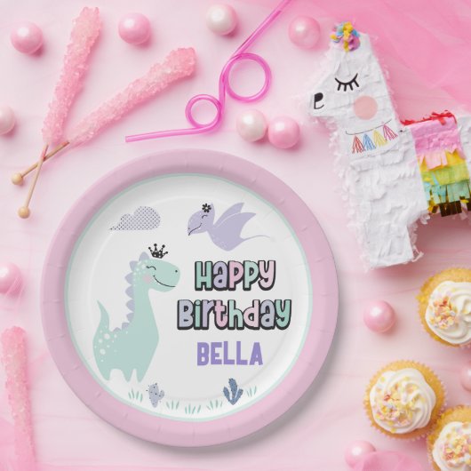 Girly Dinosaur A-Roar-able Happy Birthday Pappteller (Party)
