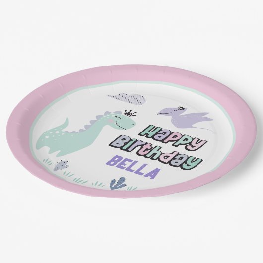 Girly Dinosaur A-Roar-able Happy Birthday Pappteller (Schrägansicht)