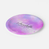 Girly Dreamy Pink Holographic Sky Stars Watercolor Pappteller (Schrägansicht)