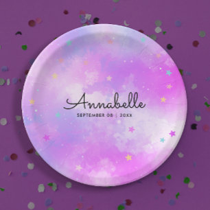 Girly Dreamy Pink Holographic Sky Stars Watercolor Pappteller