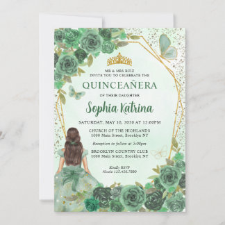 Girly Dusty Green Gold Floral Princess Quinceañera Einladung