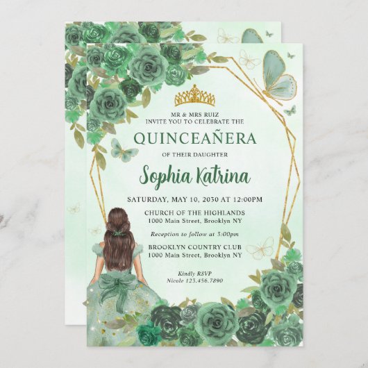 Girly Dusty Green Gold Floral Princess Quinceañera Einladung (Vorne/Hinten)