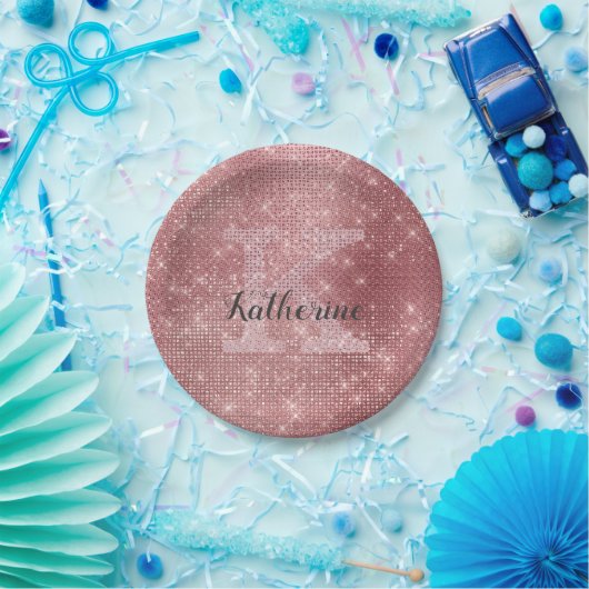 Girly Dusty Rose Gold Glam Sparkle Monogram Name Pappteller (Party)