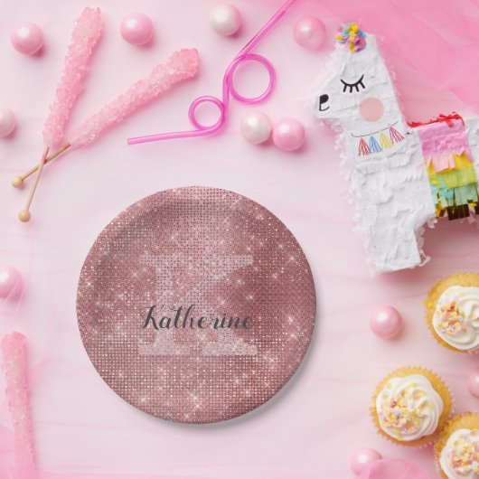 Girly Dusty Rose Gold Glam Sparkle Monogram Name Pappteller (Party)