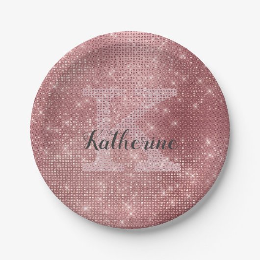 Girly Dusty Rose Gold Glam Sparkle Monogram Name Pappteller (Vorderseite)