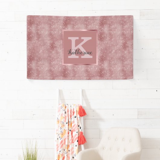 Girly Dusty Rose Gold Glam Sparkone Monogramm Name Banner (Insitu)